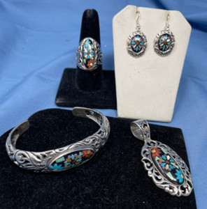 Carolyn Pollack Relios Sterling Silver Mosaic Inlay Floral Demi-Parure WOW! Set