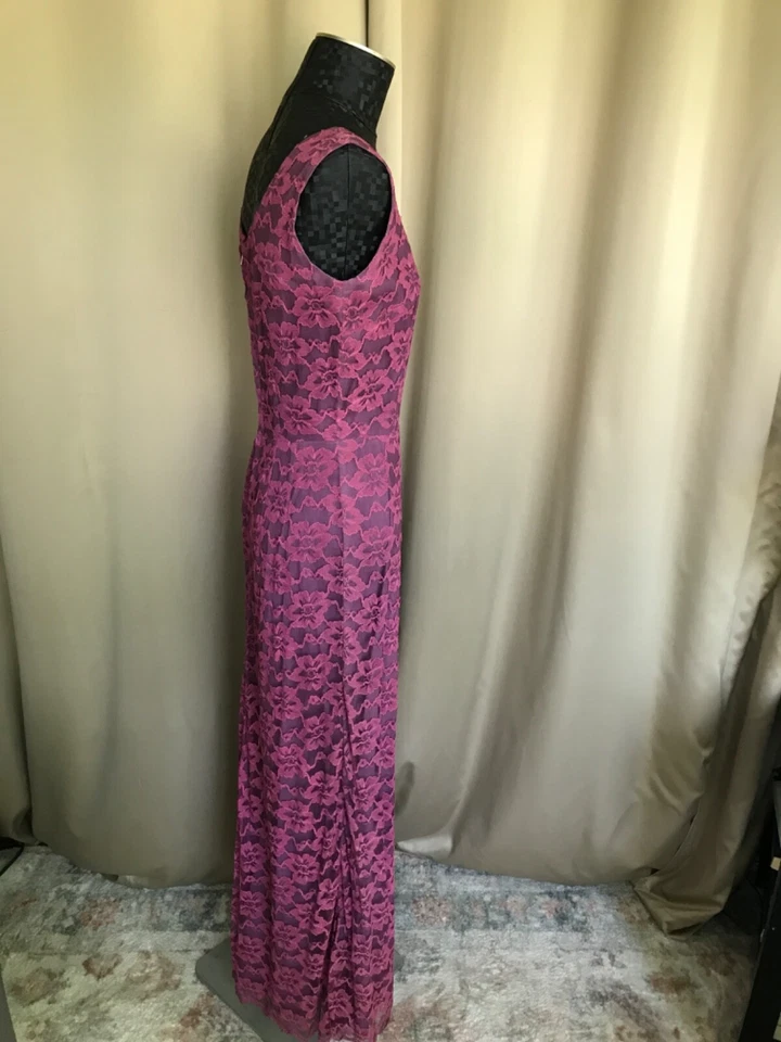 Vestido largo elegante vintage años 60 polvoriento rosa encaje sobre morado satinado impresionante verano Foto 3 de 4