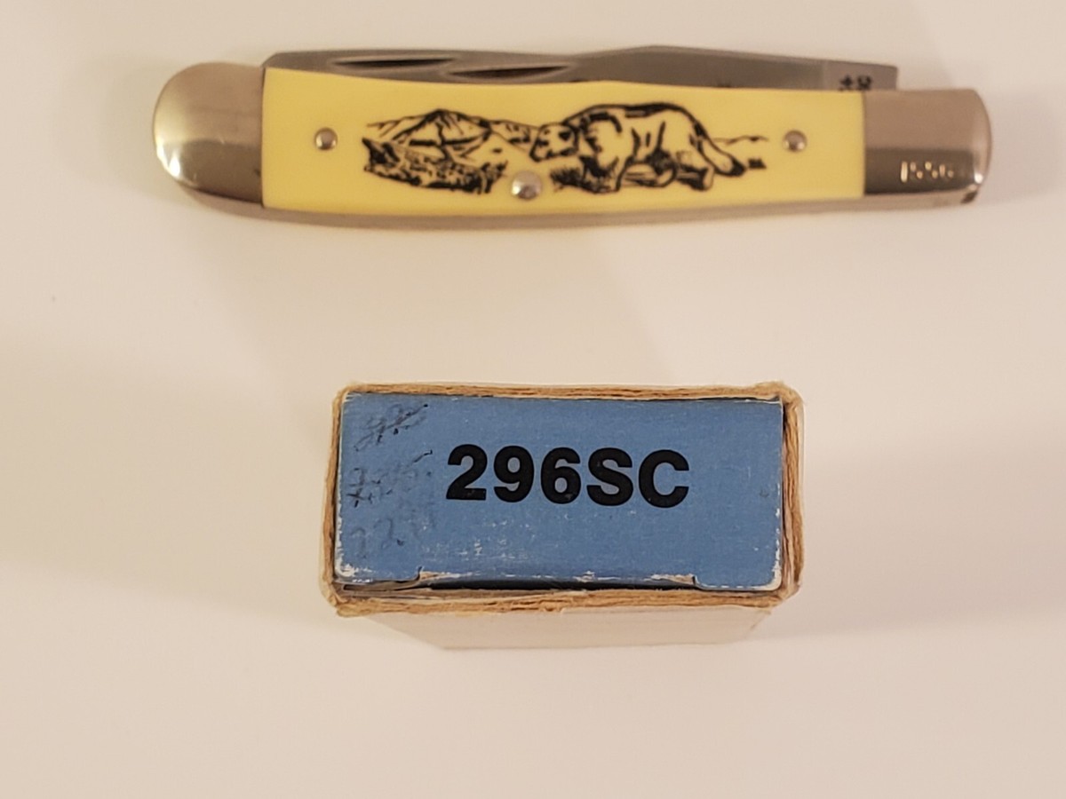 アンティーク　フライ　切手　90年代購入 Vintage 1996 Schrade USA scrimshaw SC-296 - 2 blades trapper. New