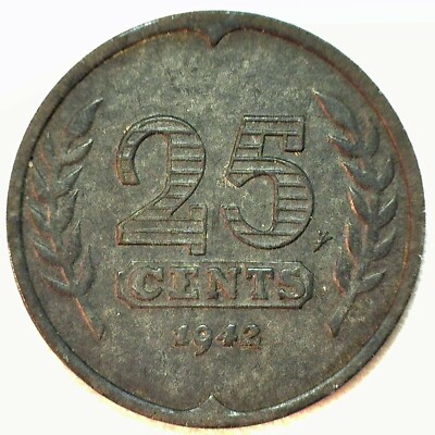 1942 Netherlands Zinc 25c Coin Sailing Boat Wilhelmina I Ruler Extra Fine Circ