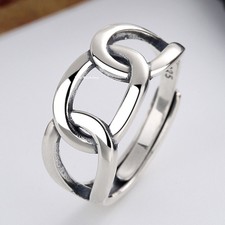 Solid 925 Sterling Silver Band Women Lucky Hollow Curb Circle Link Ring 3-4g