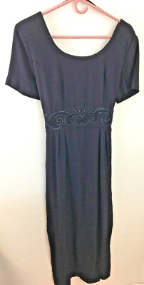 John Roberts Ladies Maxie Dress Sz 8 Navy Blue Full Back Zip Waist Trim Tie Back
