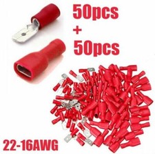 100pcs Fully Female Male Spade Terminals Crimp Connector Red 22-16AWG