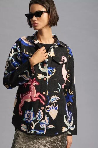 Brand New by Anthropologie Printed Animal Jacket Knitted Shacket Black Size XS - Picture 1 of 10