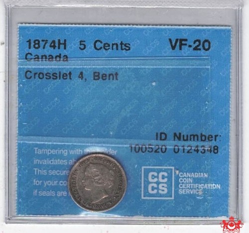 1874H Canada 5 Cents Crosslet 4 - CCCS VF20 - Bent Trend $125 0124348 - Picture 1 of 2