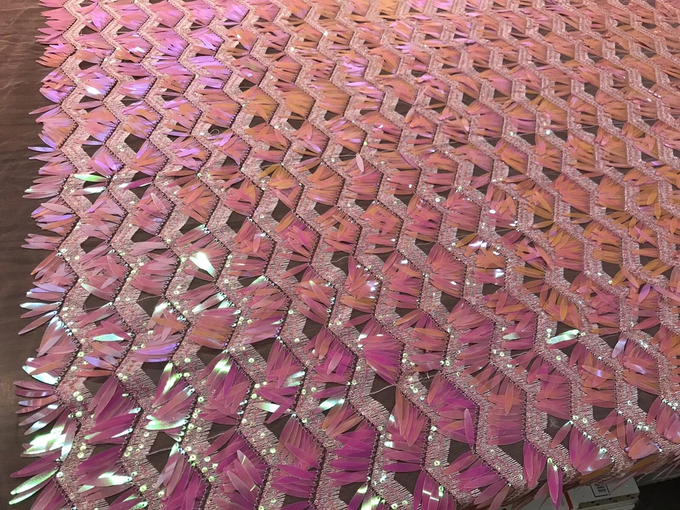 PINK IRIDESCENT CHEVRON DESIGN SEQUINS ON A PINK MESH-SOLD BY THE YARD. - Image 2 of 4