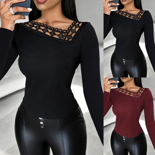Women Sexy Lace V Neck Slim Fit Party Tops Ladies Long Sleeve Blouse T-Shirt Tee