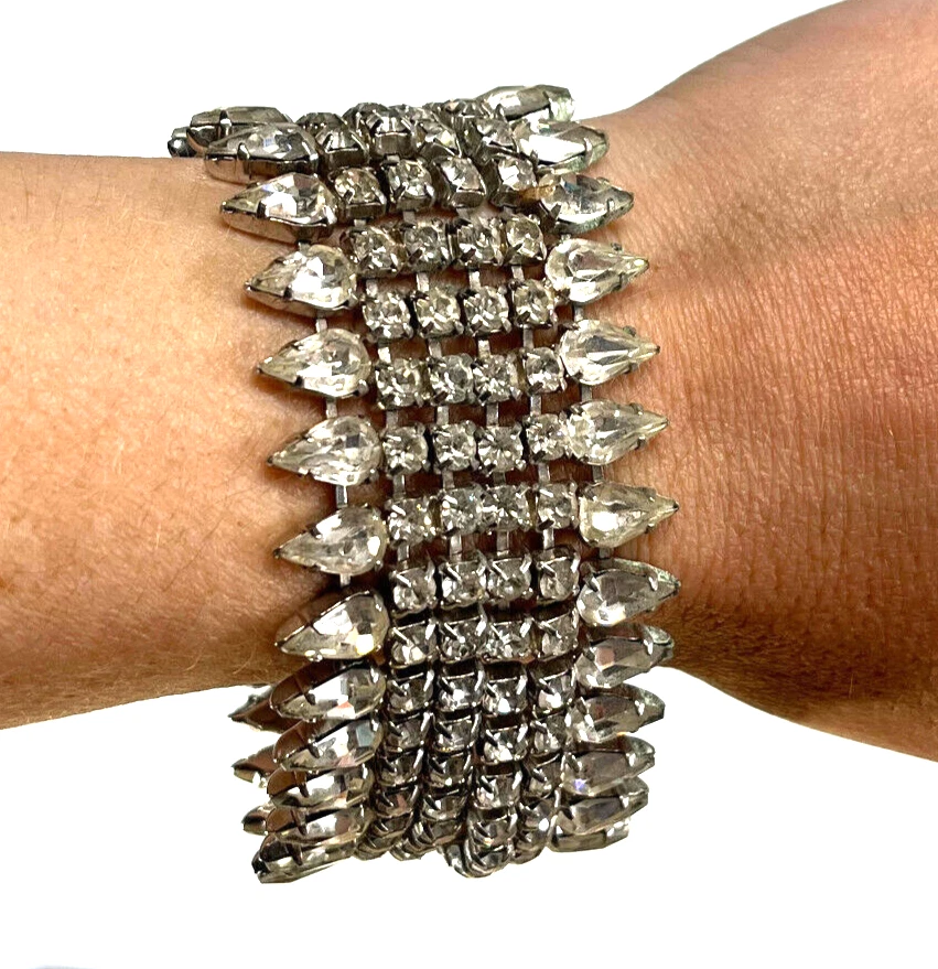 Vintage Kramer of New York Signed Wide Rhinestone Silver Tone