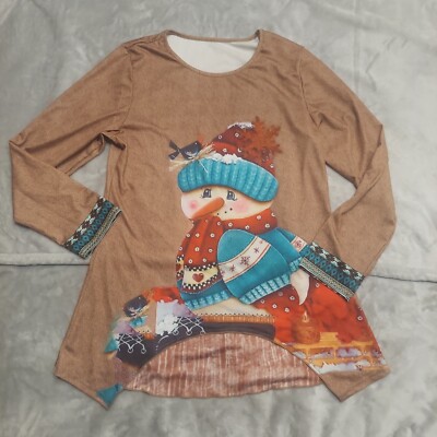 Women's Dress Blouse Christmas Snowman Brown Long Sleeve Multicolor | eBay
