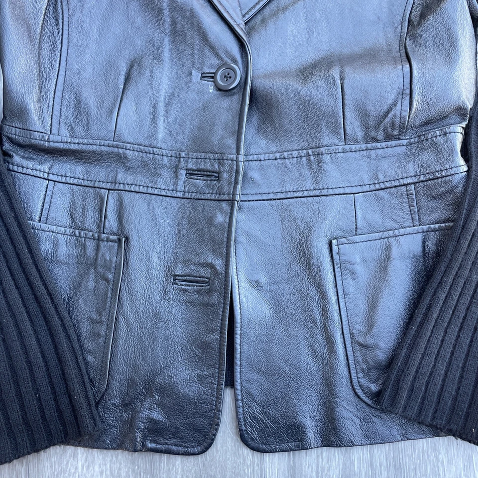 George Blazer Cardigan Size Medium 100% Leather Knit Black Long Sleeve Button - Imagem 4 de 4