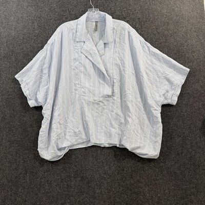Anthropologie The Dylon Blouse Women's 1X Blue Striped Kimono Sleeve Collared