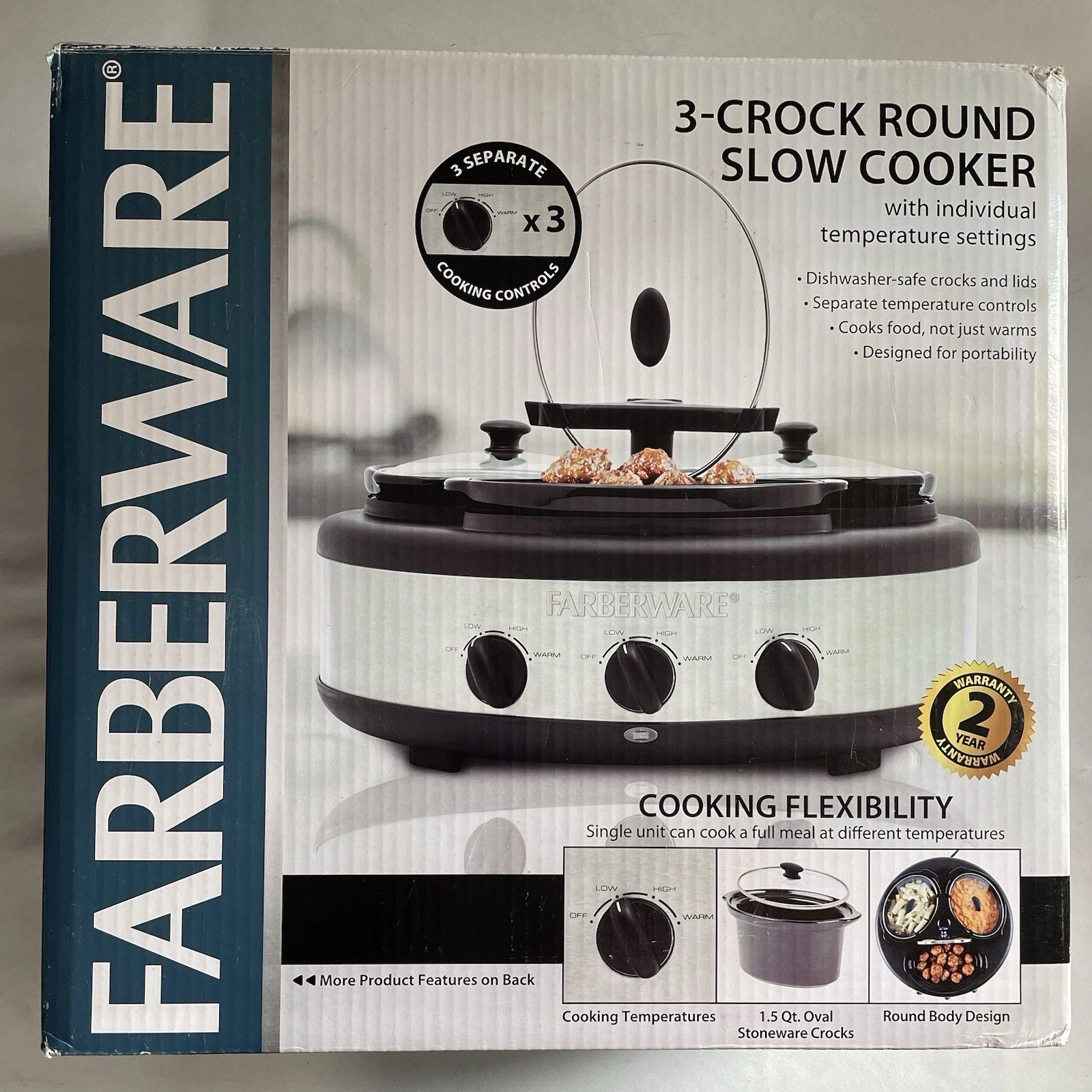 Farberware 3 Crock Pot Triple Slow Cooker Party Buffet. Open Box New.