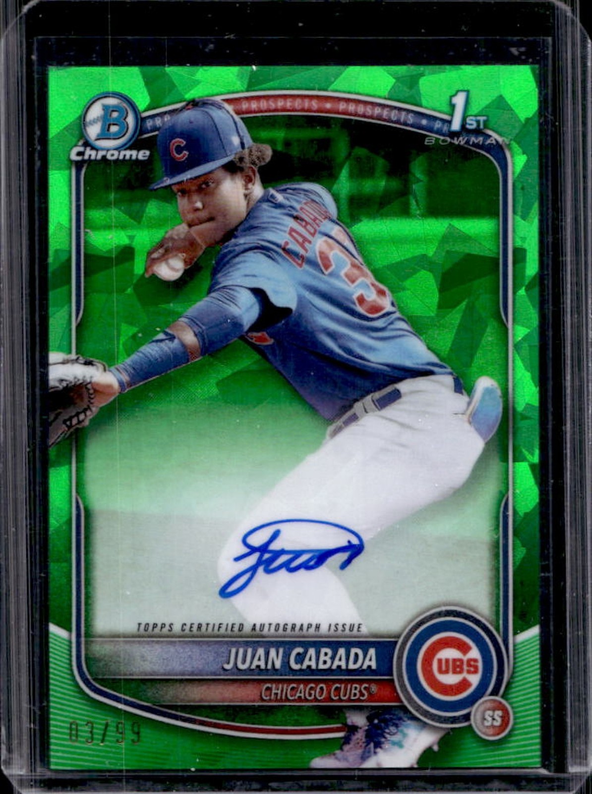 2025 Bowman Chrome Sapphire Juan Cabada Auto Green Refractor 1st #/99 Cubs