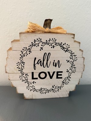 Rustic Farmhouse Style Wooden Pumpkin Shaped ''Fall in Love'' Sign