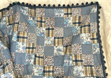 Nursery Crib Bedding Blue Patchwork Baby Quilt Blanket w Cotton Pom Fringe