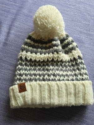 Buff Cream and Gray Pom Knit Beanie
