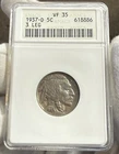 1937-D Buffalo Nickel, 3 Legs, 3 Legged, Scarce, ANACS VF-35