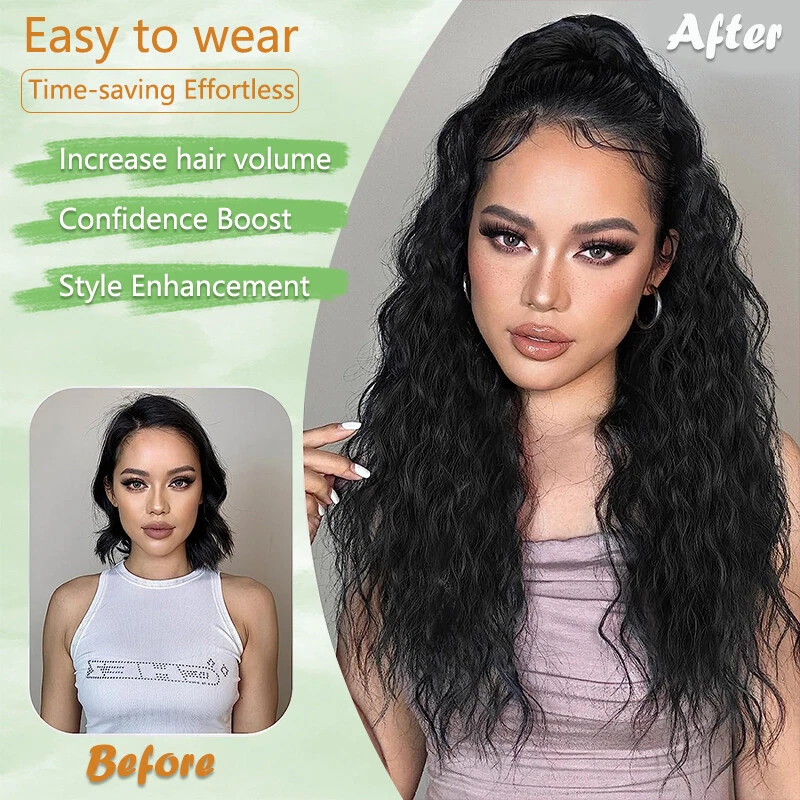 Extensión de cabello natural cola de caballo cola de caballo garra ondulada gruesa real como humana Foto 3 de 4