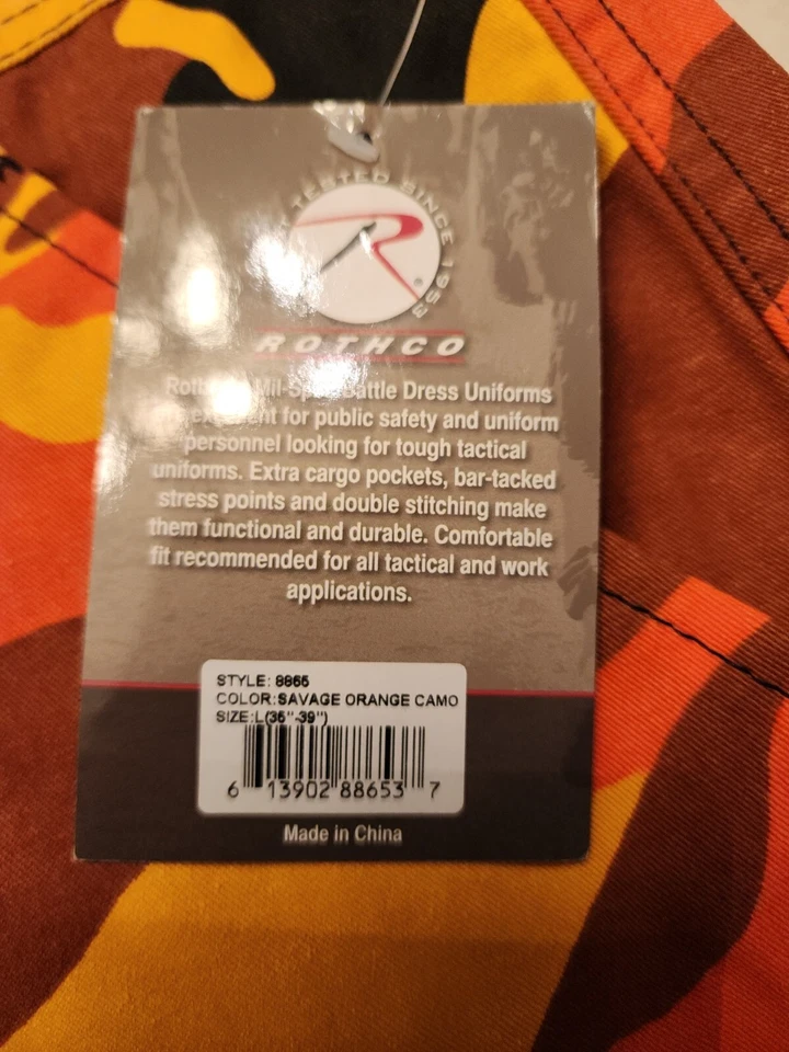 Rothco 8865 Savage Orange Camo BDU Pants L 32" inseam - Image 2 of 4