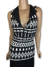 ATTO Top Blouse Size EUR 36 US 8 Sleeveless Black w White Design Low V-Neck