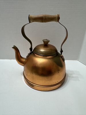 Vintage Copper Metal Tea Pot Kettle Made In Portugal Wooden Handle