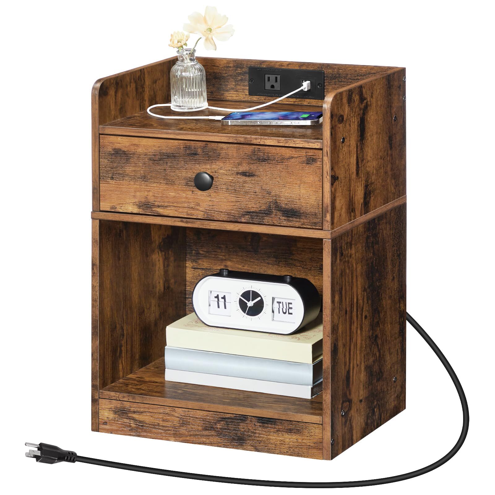 with Charging Station Wooden End Table with Drawer Opening Shelf Side Table with-image
