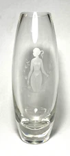 HOLMEGAARD ~ Clear Crystal Torpedo 8.75" VASE w/Etched Nude (1959) ~ Denmark
