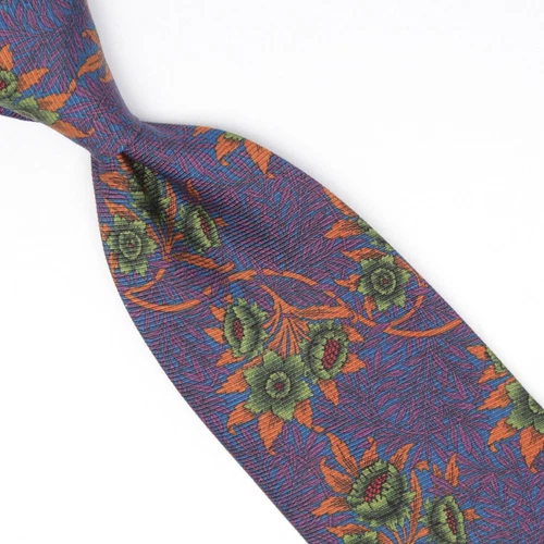 Josiah France Mens Silk Necktie Blue Purple Orange Green Floral Contrast Tie