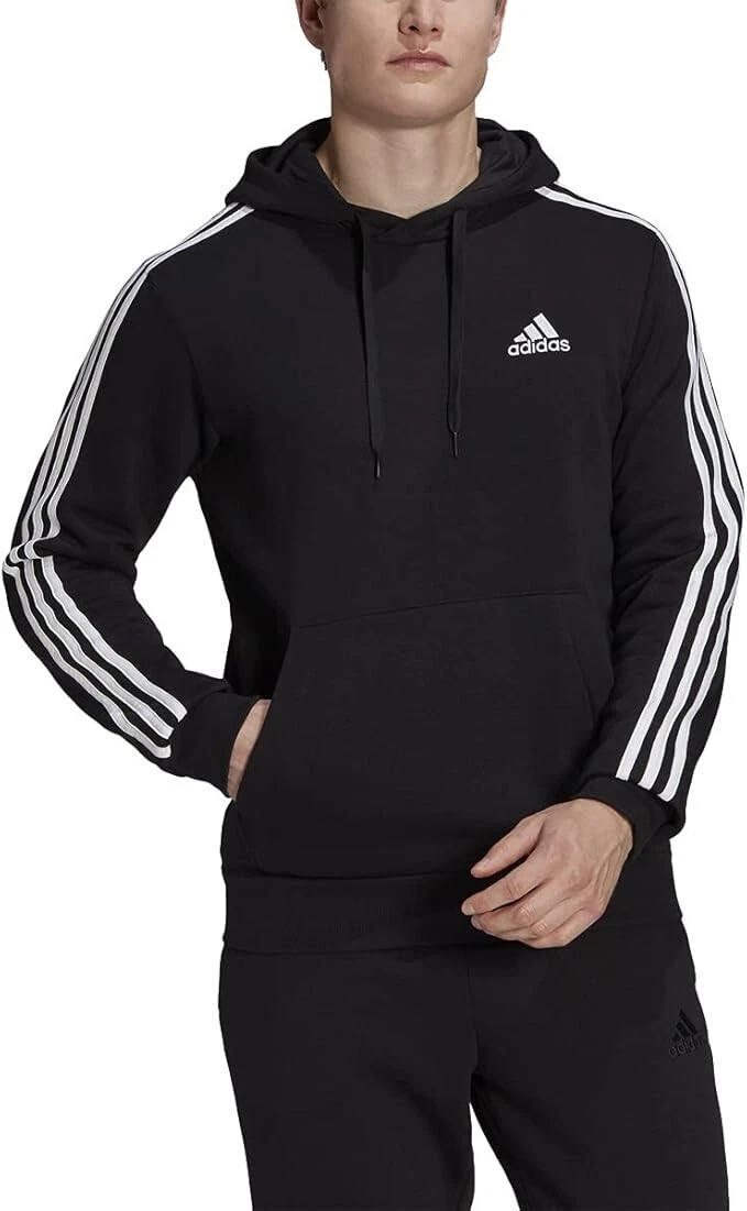 Adidas Men's Essentials Fleece 3-Stripes Hoodie - Black/White - Large - New