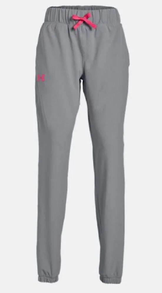 Under Armour Girls Joggers XL UA Woven Warm Up Pants Gray with Pink Logo  NWT