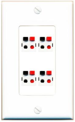 RiteAV 4 Port Speaker Wire Plug Jack Wall Plate - 1 Gang [White]