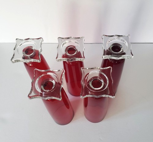 Vintage Seneca Slim Jim 903 Ruby Red Footed Pilsner Beverage Glass Vase Set of 5 - Picture 6 of 13