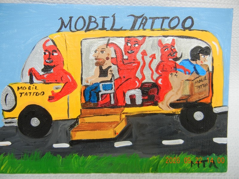 Mobil Tattoo 5 x 7 in original painting Devils in bus tattooing customers