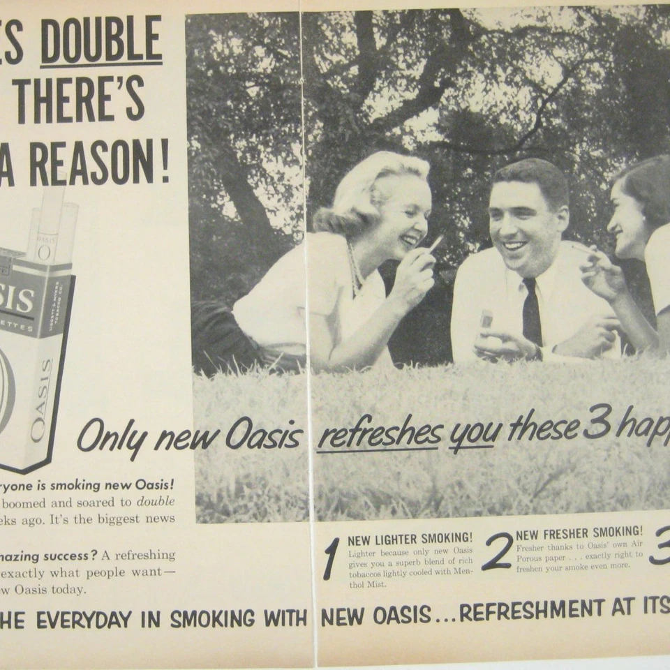 Anuncio impreso vintage de cigarrillos Oasis de los años 50 campaña de ventas dobles 2 páginas fumar Foto 2 de 2