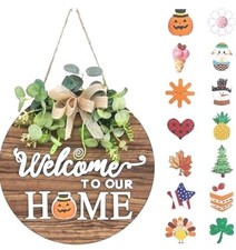 Interchangeable Seasonal Welcome Sign Front Door Decoration, Rustic Round Wood