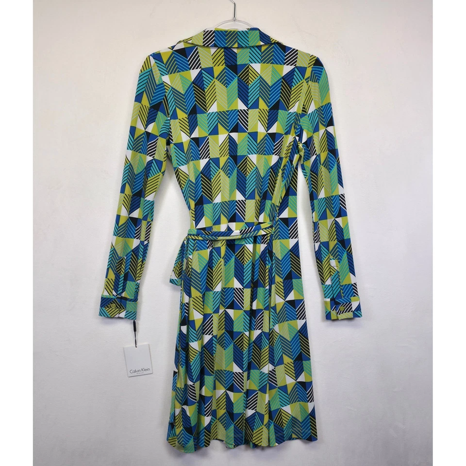 Vestido envolvente Calvin Klein para mujer 6 verde azul geométrico elegante estructurado preppy Foto 3 de 4
