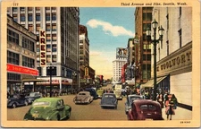 Seattle WA Washington Woolworth Vintage Cars Linen Postcard Third Avenue & Pike