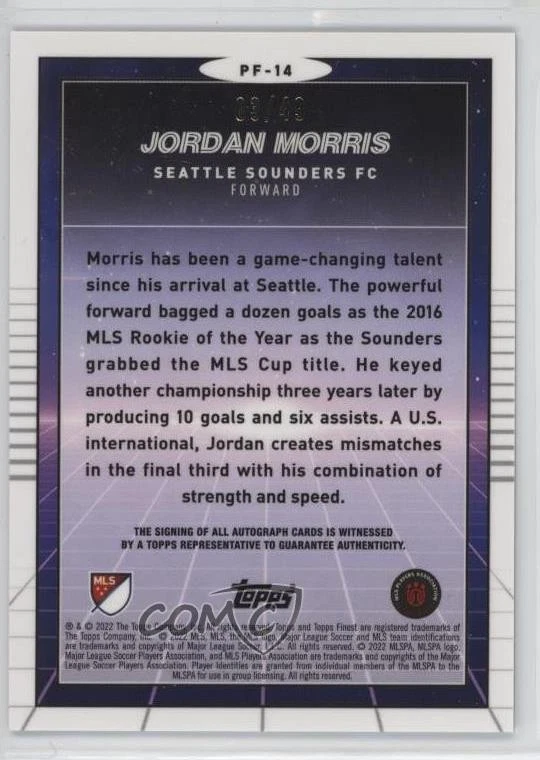 2022 Topps Finest MLS Prized Footballers Auto /49 Jordan Morris #PF-14 Auto - Image 2 of 2