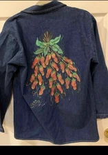 Vtg Denim Jean Jacket Blazer Hand Painted Art Southwest Chili 80s Small Medium