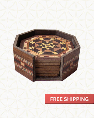 Handmade Wooden Mosaic Coaster Set (6) & Holder | Inlaid Marquetry | Middle East