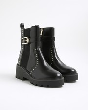 River Island Womens Wedge Boots Black Studded Buckle Side Zip Round Toe Shoes