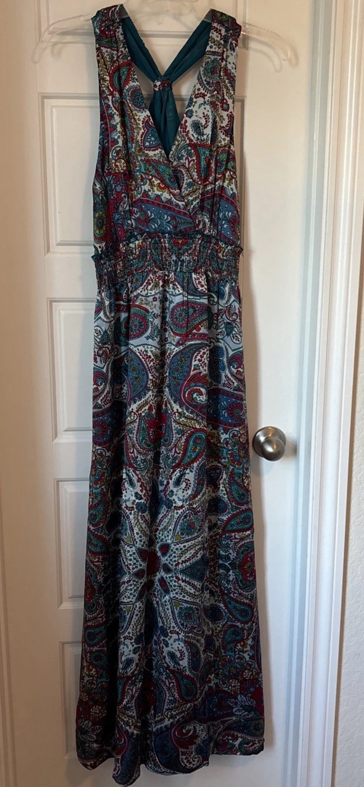 SUNDANCE Silk Maxi Dress, Smocked Waist, Teal, Pink, Blue Sleeveless Size Medium