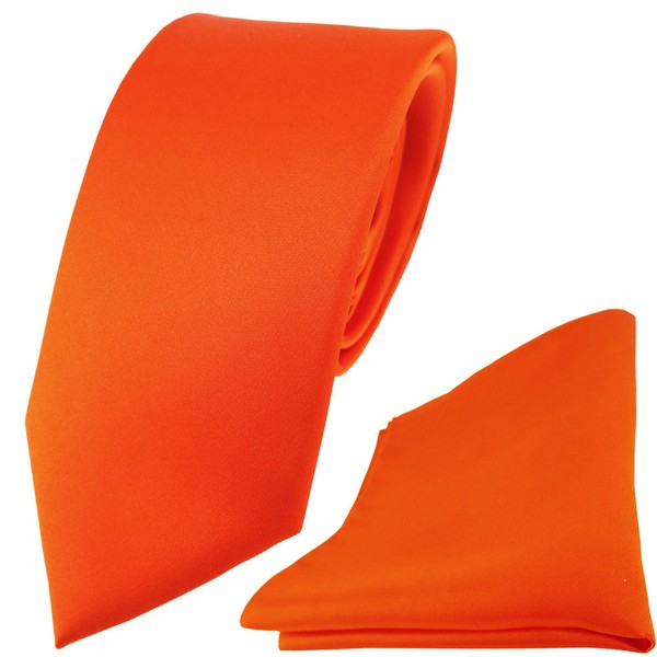 Schmale Tigertie Satin Seidenkrawatte + Seideneinstecktuch Orange Einfarbig Uni-image