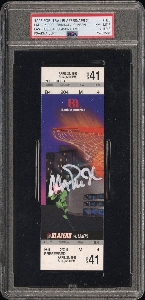 1996 MAGIC JOHNSON SIGNED LAST REG. SEASON GAME TICKET LAKERS POP