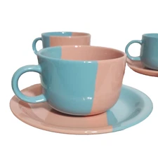 Vtg 1980s Blue & Pink Colorblock (Pier 1?)  Ceramic Tea/Coffee Cup & Saucer Set