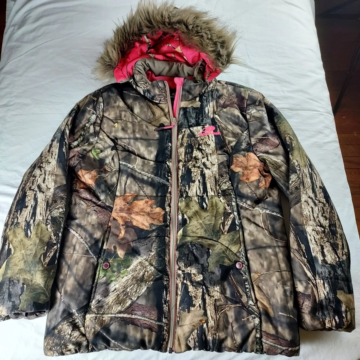 Mossy Oak Womens Camo Puffer Jacket Winter Coat Hooded Faux Fur Size Large  | eBay