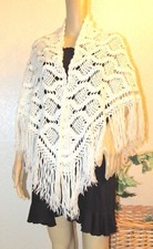Boho Gypsy Soft Crochet Fringe Vintage Ivory Shawl/Wrap