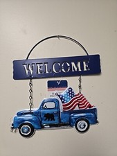 PATRIOTIC METAL BLUE PICKUP TRUCK W/ USA FLAG WELCOME SIGN WALL DOOR BLACK BEAR