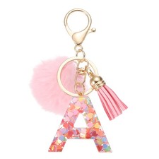 Alphabet Initial Letter A Keychain, Cute Tassel Fur Ball Pom Key Chain, Pink