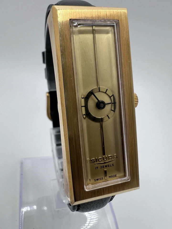 Vintage Men’s Gold Tone Sicura Tank Mechanical Watch Rare Unique Abstract - Image 2 of 4